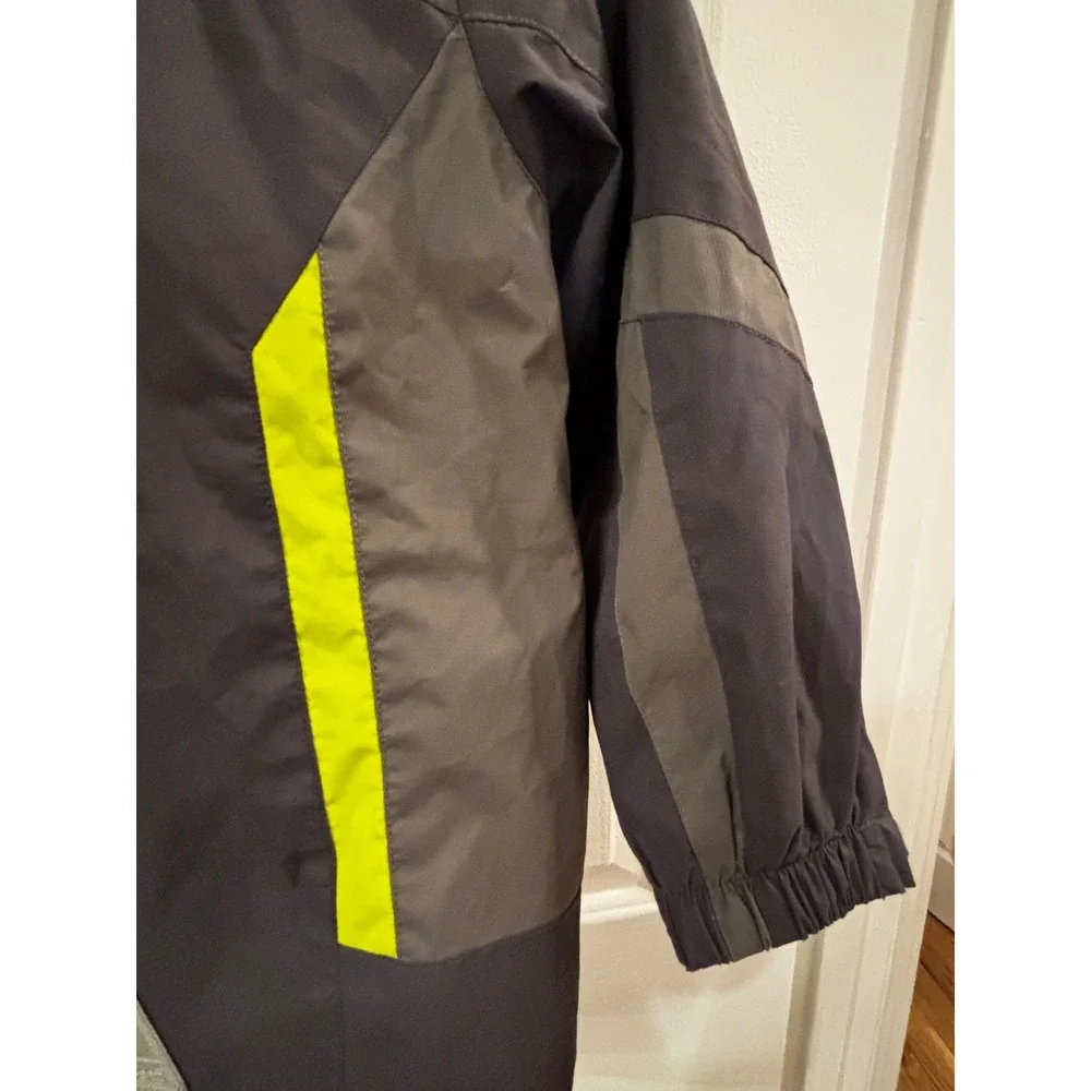 LL Bean Kids Rain Jacket Gray Lime Green Hooded Full Zip Coat Reflective SZ 5-6